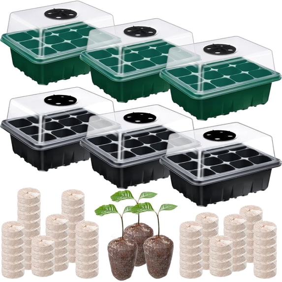 SiliFine 6 Pack Seed Starter Tray with 72 Pcs Peat Pellets, Seeding Starter Kit (72 Cells Total Tray) with Humidity Dome, Soil Plant Germination Tray Kit for Flower Vegetable(Black, Green)
