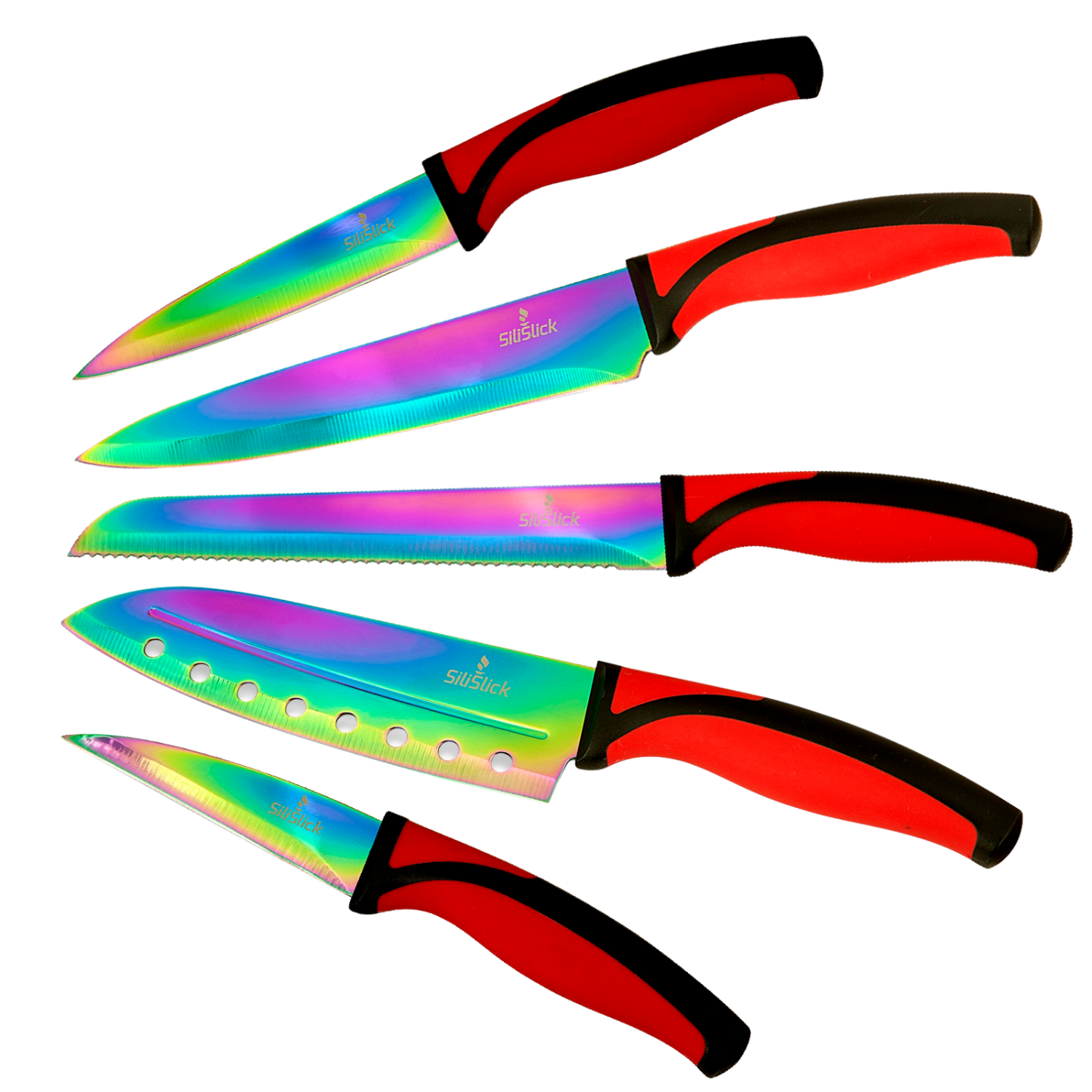 SiliSlick Kitchen Knife Set. 5 Elegant Knives, Chef Quality, SS Blades With  Ergonomic Handles, Rainbow Effect, Titanium Coating & Safety Sheath (Red