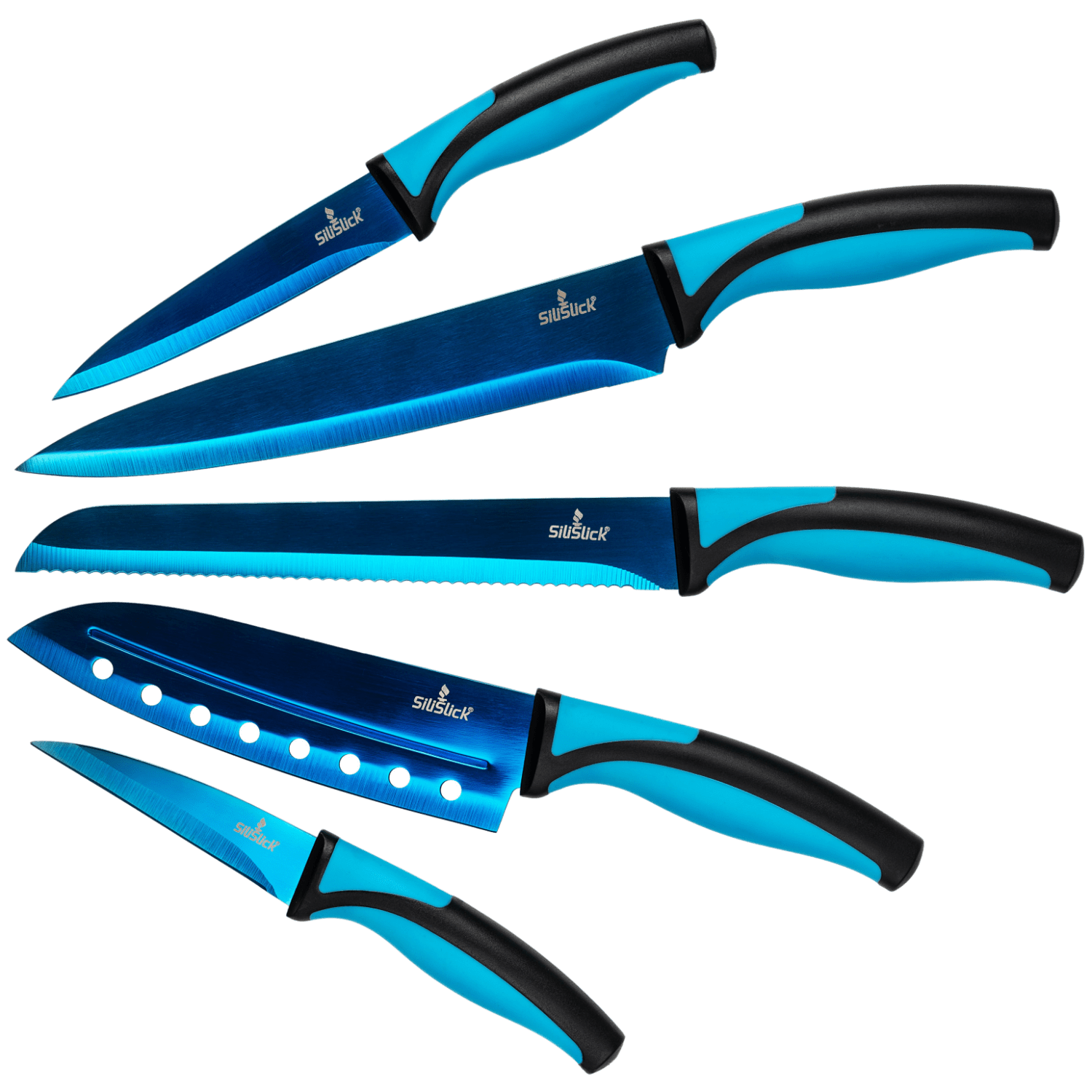 SiliSlick Kitchen Knife Set Professional, Titanium Coated Stainless Steel Blades, Dishwasher