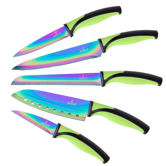 SiliSlick Kitchen Knife Set Professional, Titanium Coated Stainless Steel Blades, Dishwasher Safe, Safety Sheaths, 5 Knives
