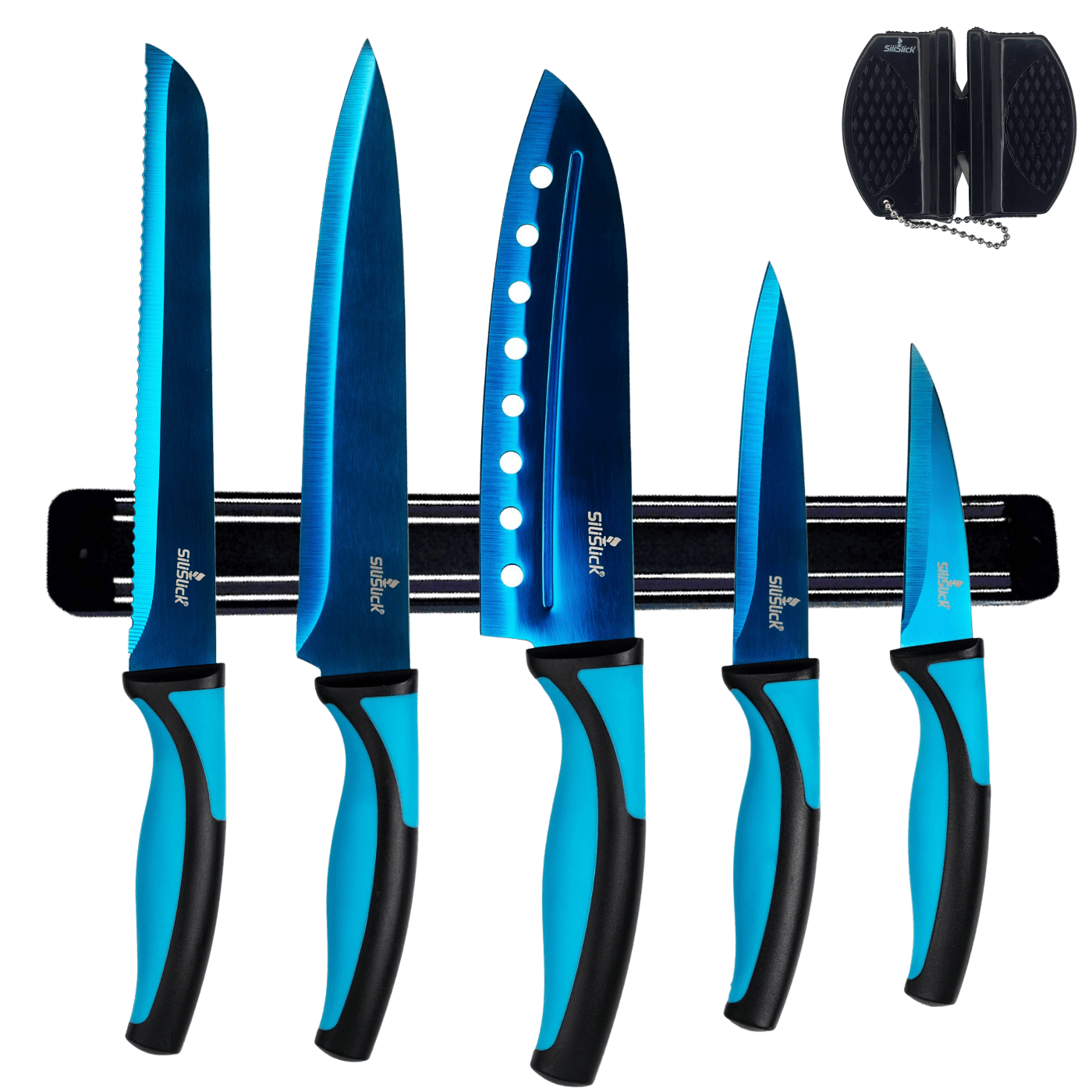 SiliSlick Kitchen Knife Set, Titanium Coated Stainless Steel Colorful Blades, Chef, Bread, Santoku Utility & Paring Knives, Magnetic Mounting Rack & Portable Sharpener