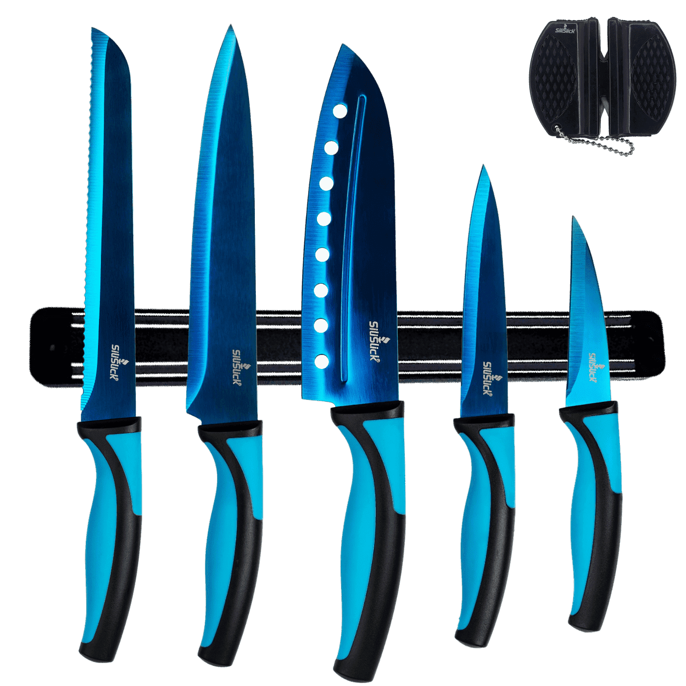 SiliSlick Kitchen Knife Set, 5-Piece Rainbow Titanium Coated Blades with Magnetic Rack & Portable Sharpener, Dishwasher Safe