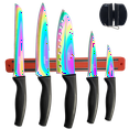 thumbnail image 1 of SiliSlick Kitchen Knife Set, Titanium Coated Stainless Steel Colorful Blades, Chef, Bread, Santoku Utility & Paring Knives, Magnetic Mounting Rack & Portable Sharpener, 1 of 6