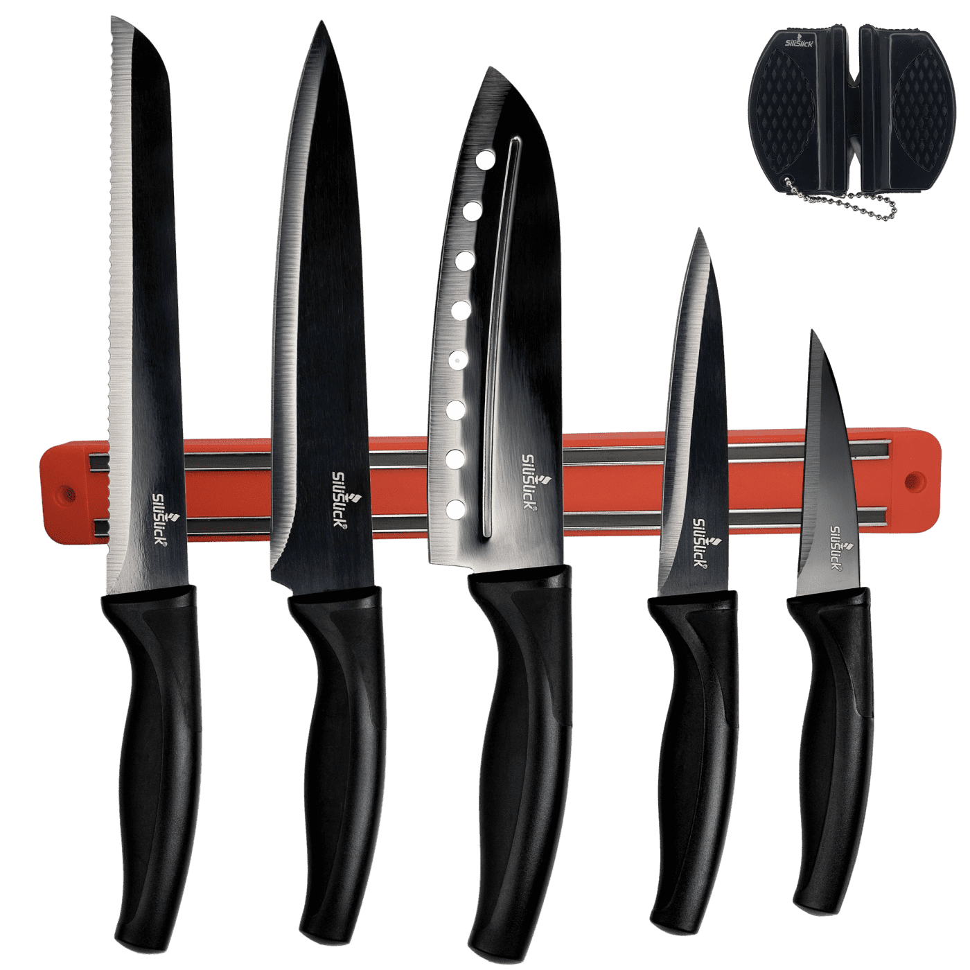 SiliSlick Kitchen Knife Set, Titanium Coated Stainless Steel Colorful Blades, Chef, Bread, Santoku Utility & Paring Knives, Magnetic Mounting Rack & Portable Sharpener