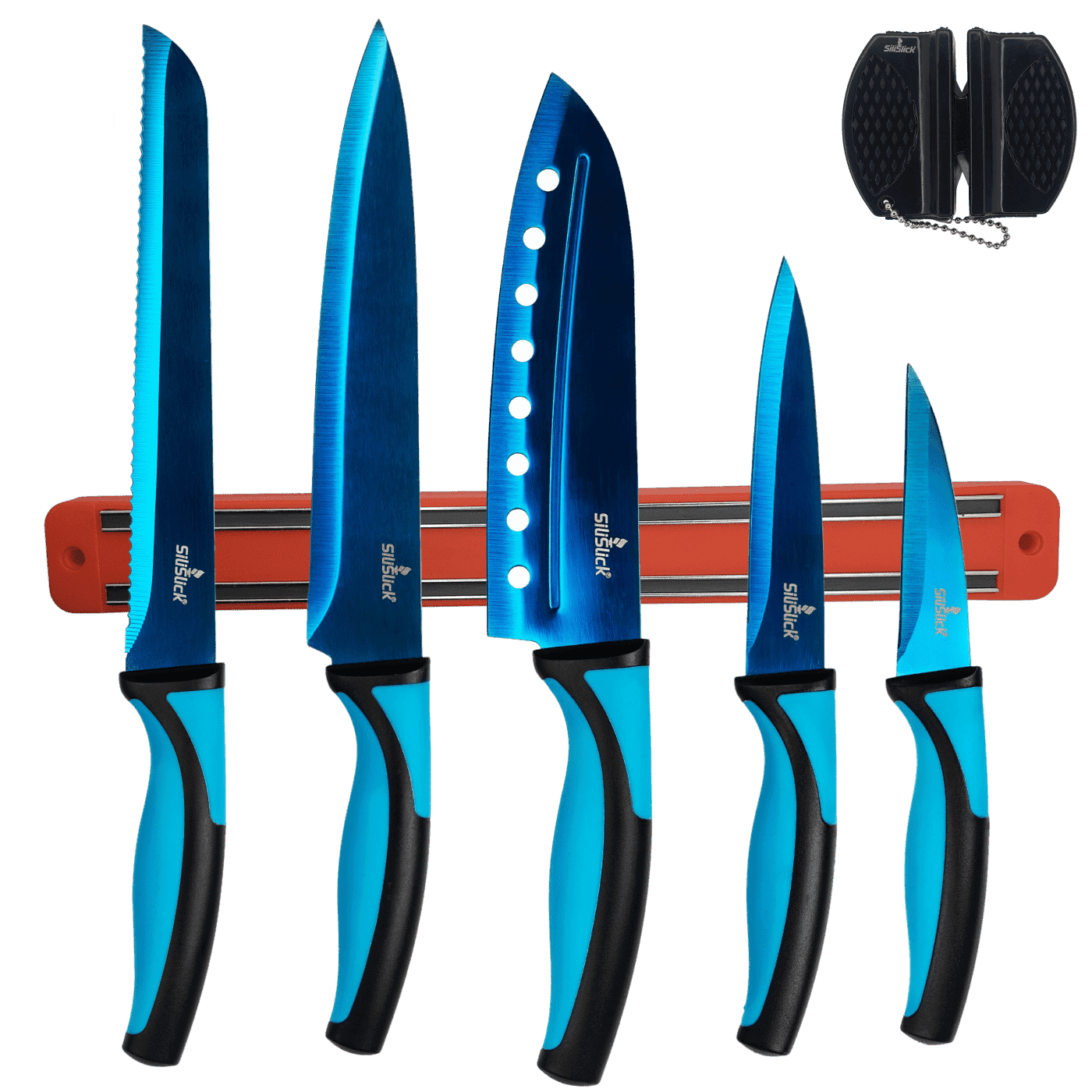 SiliSlick Kitchen Knife Set, Titanium Coated Stainless Steel Colorful Blades, Chef, Bread, Santoku Utility & Paring Knives, Magnetic Mounting Rack & Portable Sharpener