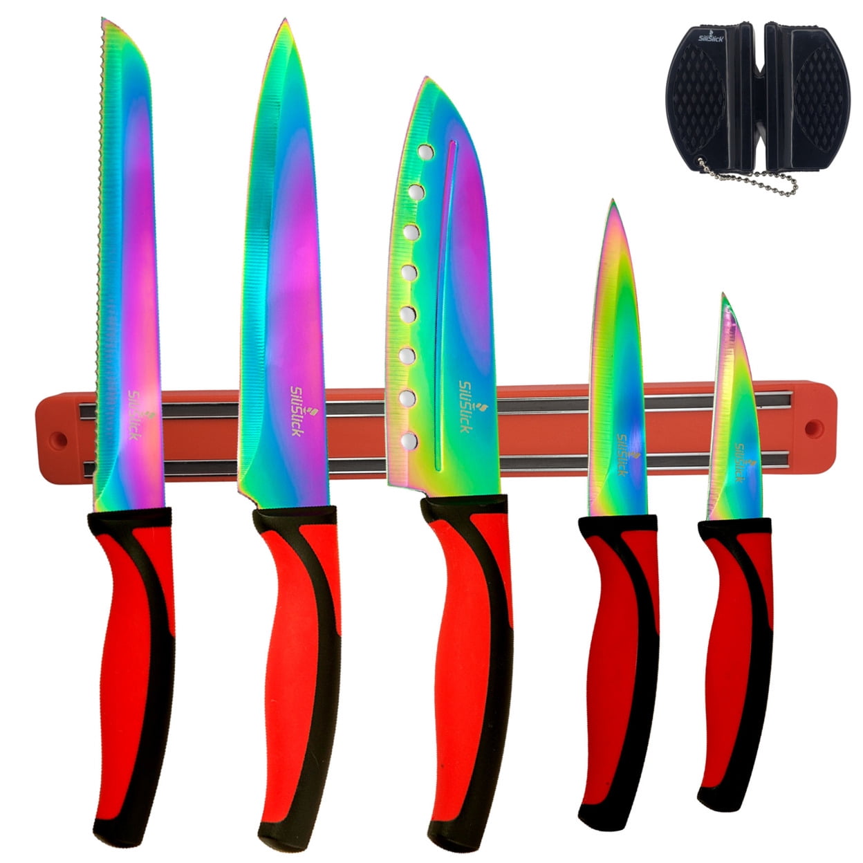 SiliSlick Stainless Steel Knife Set Red Handle 5 Piece Titanium Coated Sharpener