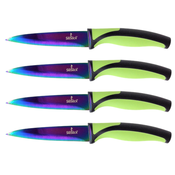 SiliSlick Steak Knife Set - Iridescent/Rainbow Titanium Coated Stainless Steel Knives - 5 inch / 12.7cm - (4 Green)
