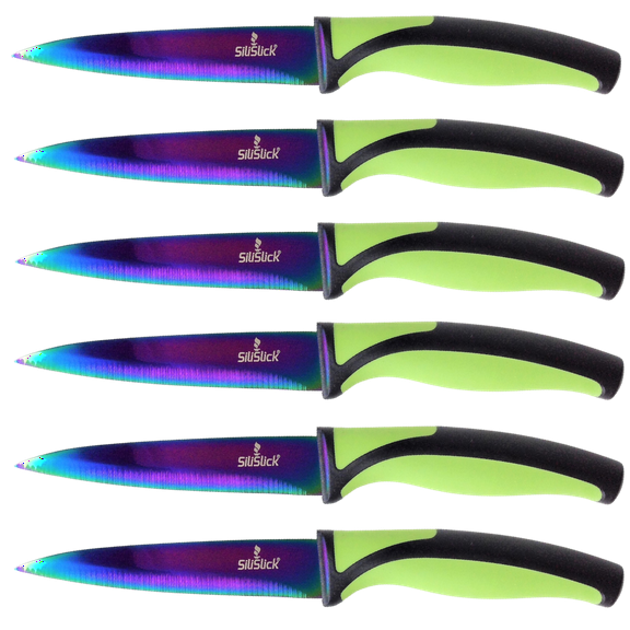 SiliSlick Steak Knife Set - Iridescent/Rainbow Titanium Coated Stainless Steel Knives - 5 inch / 12.7cm - (6 Green)