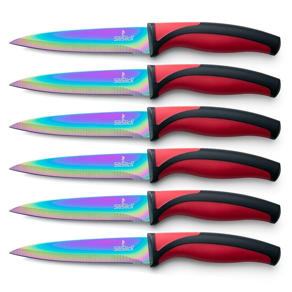 SiliSlick Steak Knife Set - Iridescent/Rainbow Titanium Coated Stainless Steel Knives - 5 inch / 12.7cm - (6 Red)