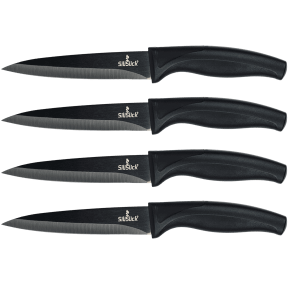 SiliSlick Steak Knife Set - Iridescent Titanium Coated Stainless Steel Knives - 5 inch / 12.7cm - (4 Black Handle & Black Blade)