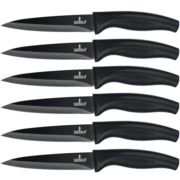 SiliSlick Steak Knife Set - Iridescent Titanium Coated Stainless Steel Knives - 5 inch / 12.7cm - (6 Black Handle & Black Blade)
