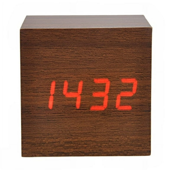 QIFULL e Activated Mini Cube Shaped Red LED Alarm Clock with Date and Temperature Plastic Imitation Wood Brown 0084