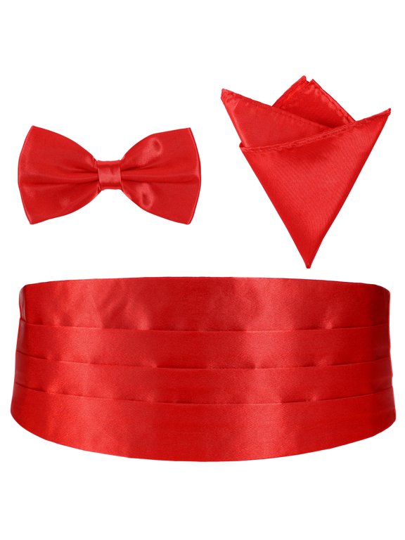 Satin Cummerbund Bow Tie Set Red 3Pcs 12x6in