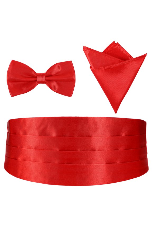Satin Cummerbund Bow Tie Set Red 3Pcs 12x6in