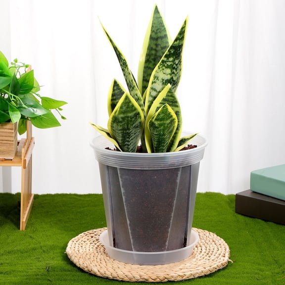 QIFULL 4Pcs Clear Plastic Flower Pots with Drainage Tray for Indoor and Garden Planting