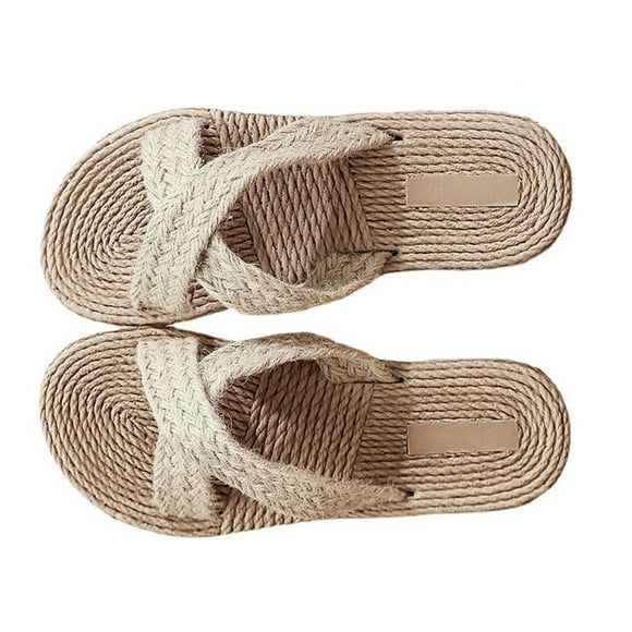Portable Travel Slippers Imitation Straw Woven Slippers Beige 1 Pair
