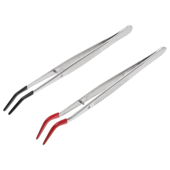 QIFULL 2Pcs Stainless Steel Tweezers with Curved Bent Rubber Tips for Home Jewelry and Crafts