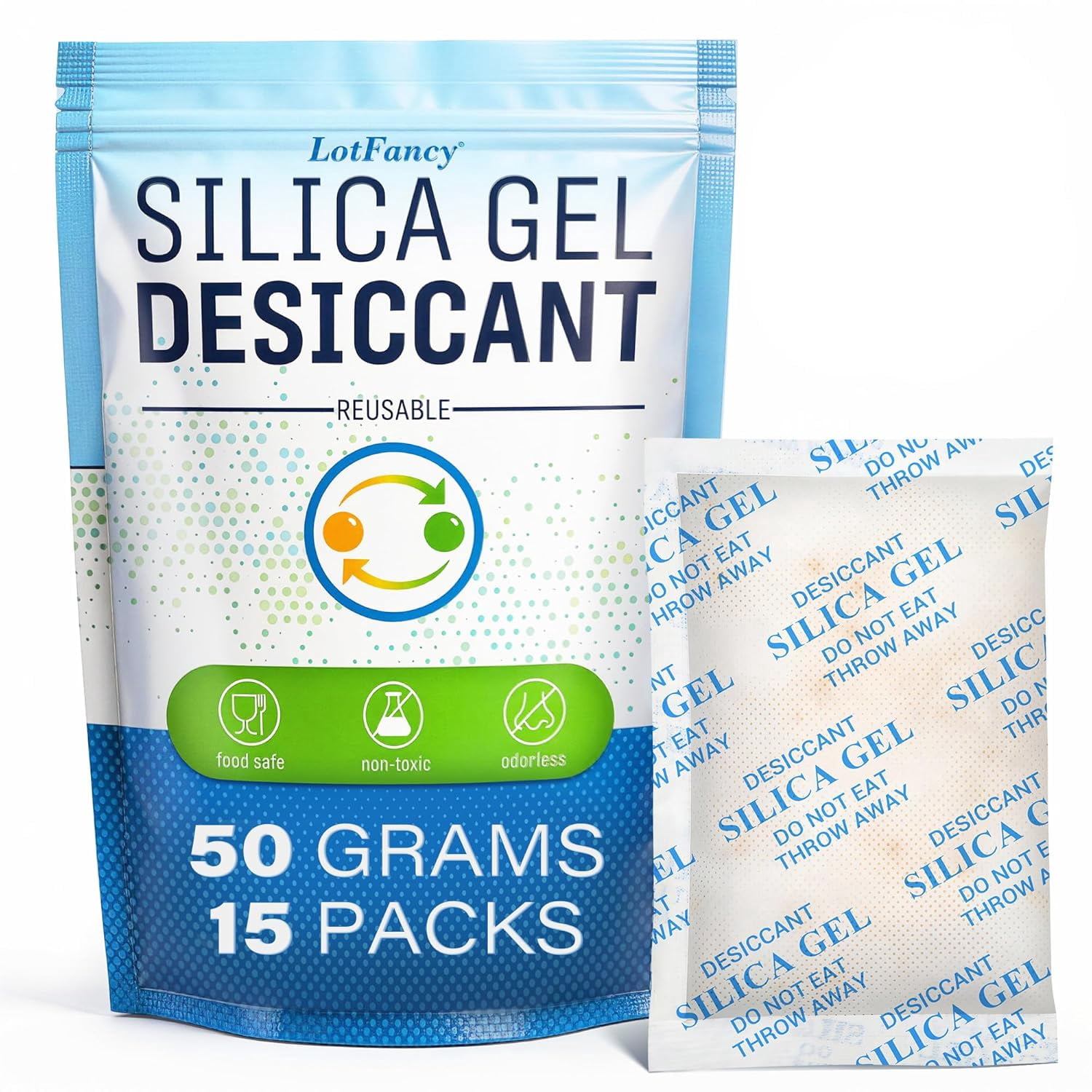 Silica Gel Packets 50 Gram 15 Pack, Rechargeable Desiccant Packs with Color Indicator, Moisture Absorber for Gun Safe, Electronics, Camera Lens, 3D Printer Filament, Toolbox Storage