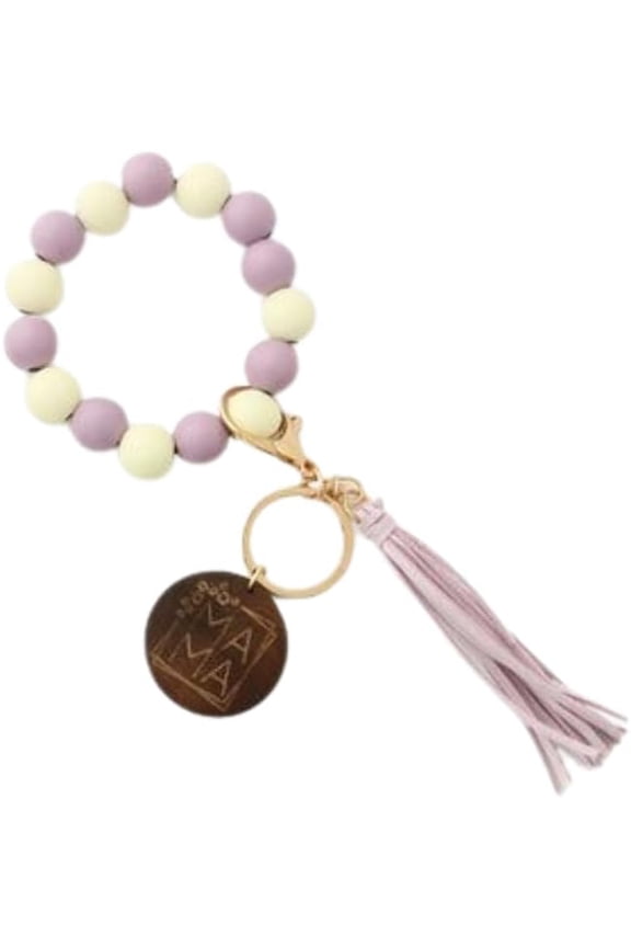 Silicon Beads Wooden Disc Bracelet Tassel Keychain Wristlet Gift for Her Key Ring