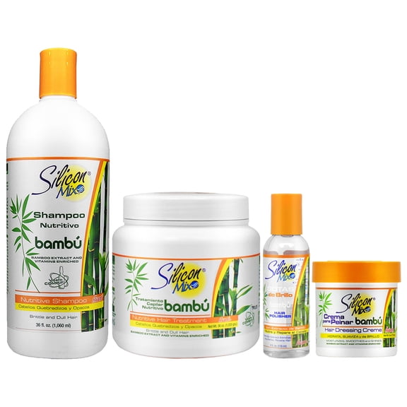 Silicon Mix Bambu Shampoo 36oz + Treatment 36oz + Hair Polisher Gotas de Brillo 4oz + Hair Dressing Crme 6oz