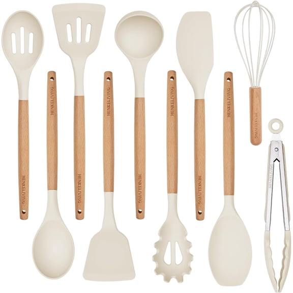 Silicone 10 Pcs Kitchen Cooking Utensils Set, Recycled Materials Certification, BPA Free Spatula Set with Heat Resistant Wood Handles for Nonstick Cookware, Cream White