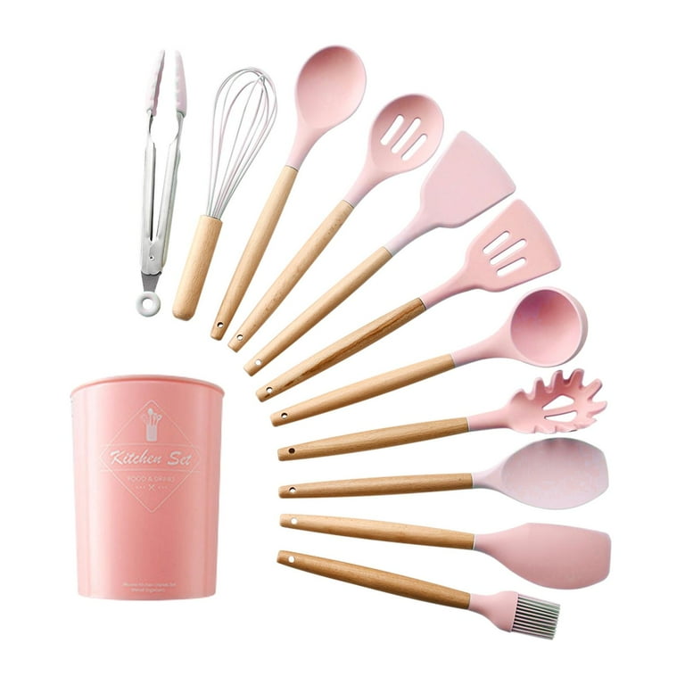 Silicone 11PCS Nonstick Cooking Utensils Set Wooden Handle Turner Tongs  Spoon Kitchen Gadgets - Pink