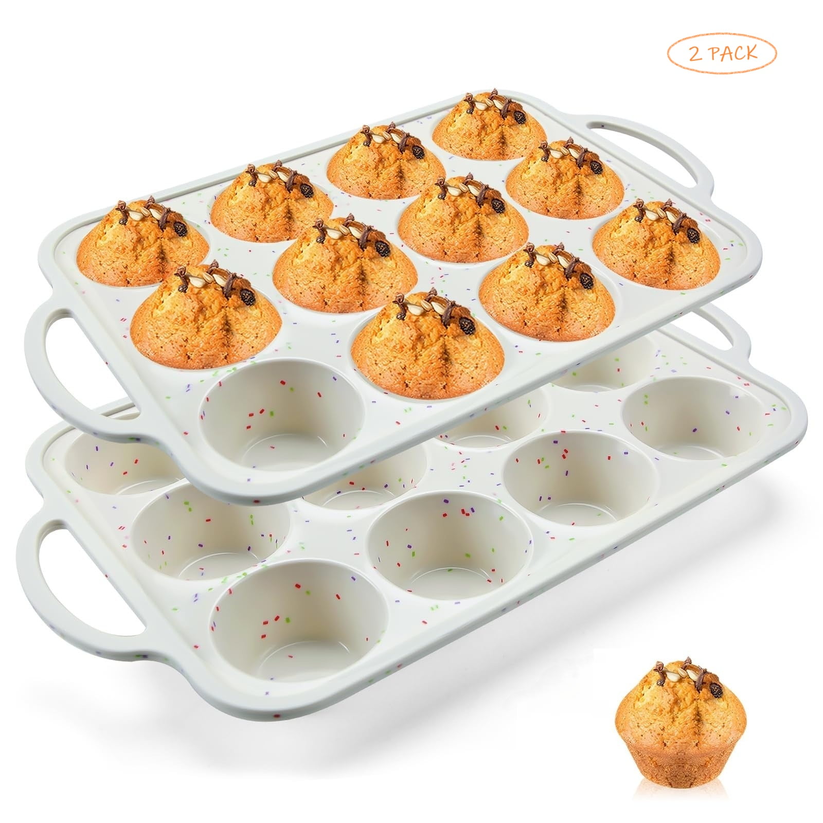 2 Pack Silicone 12 Count Muffin Pan, 2.75 in Diameter, Granite, Dishwasher Safe, Easy Release