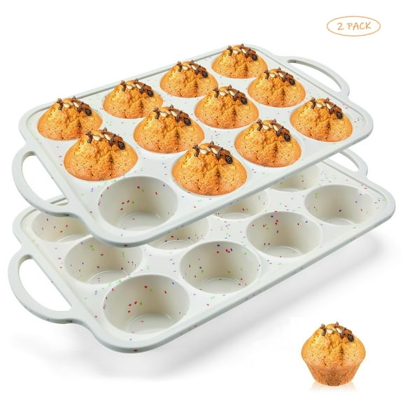 2 Pack Silicone 12 Count Muffin Pan,  2.75 in Diameter, Granite, Dishwasher Safe, Easy Release