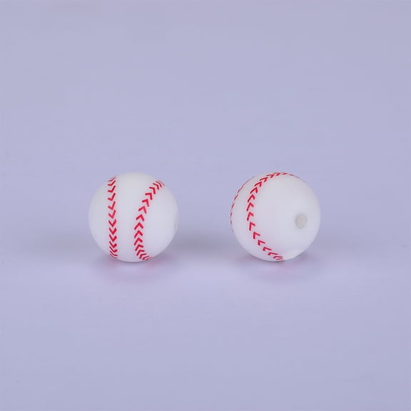 Silicone 20 pc Printed Round with Baseball Pattern Silicone Focal Beads White 15x15mm