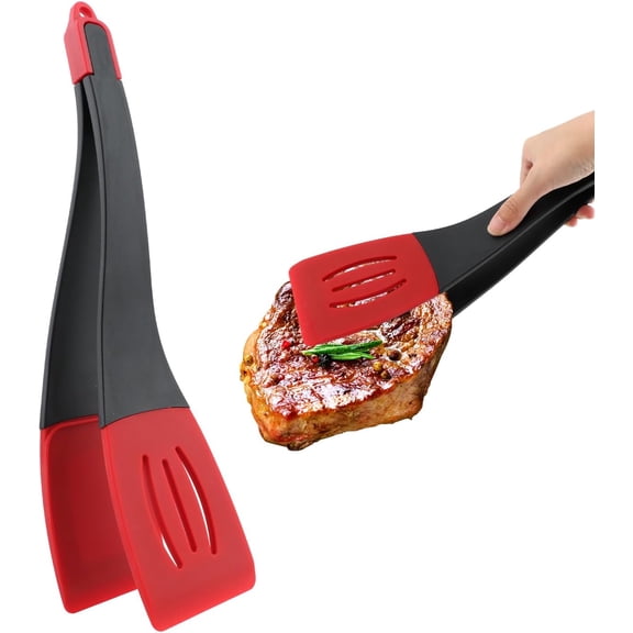 Silicone 3-in-1 Kitchen Spatula Tongs for Grilling, Multifunctional Kitchen Cooking Shovel, Used for Gripping Steak Clips, Bread Clips, Fried Steak Clips (Black Red), Detachable Kitchen Turners