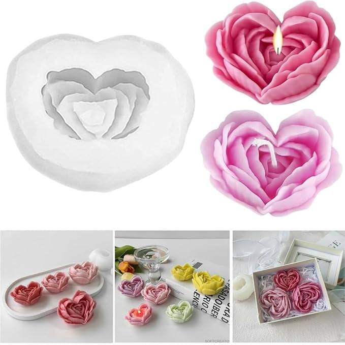 Silicone 3D Rose Heart Candle Mold | Flower Heart Shape Mold for Scented Candles, Wax Melts, Resin Casting, Soap Making, Chocolate & Cake Baking | DIY Craft Mold for Home Décor & Valentine Gifts