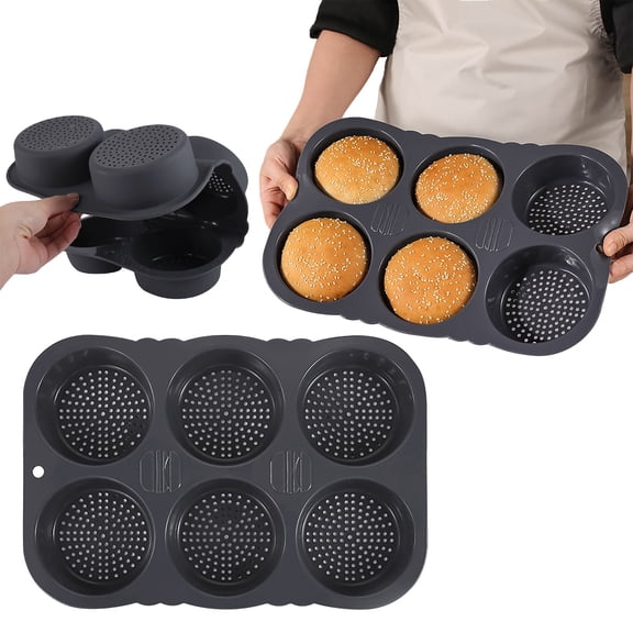 Silicone 6-Cavity Hamburger Bun Pan for Baking,Non-Stick Mesh Tray for Easy Release,Durable Household Baking Mold for Buns,Muffins,Easy Clean Kitchen Tool,Gray,1PC