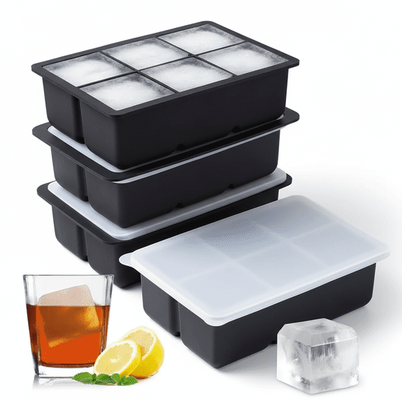 Silicone 6-Cavity Large Square Removable Lids Stackable Reusable BPA Free Ice Cube Molds (4 Count)