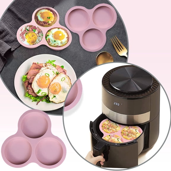 Silicone Air Fryer Egg Pan for Baking 3 Cavities Reusable Nonstick Tray for Egg Breakfast Sliders and Hamburger Buns Eco Friendly Kitchen Accessory,8.66×9.06 inch,Pink