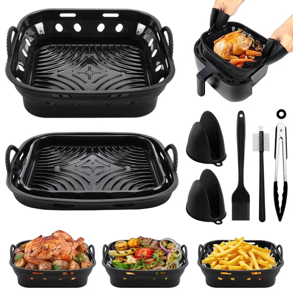 Silicone Air Fryer Liners, 22cm Air Fryer Liners Silicone with Oven Gloves, Kitchen Tongs, Silicone Brush, Easy Clean, Airfryer Accessories