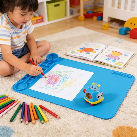 Silicone Art Mat, Blue Washable Erasable Painting Pad with Cup Holder, Multifunctional Non-Toxic Silicone Palette, Doodle Mat for Tiny Tots and Young Ones' Art Activities, 1pc