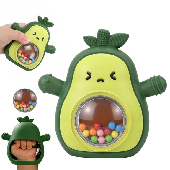 Silicone Avocado Teething Mitten Baby Rattle Toy 0-3 Months Infant Teether for Teething Relief Sensory Toy Develops Grasping Sucking Skills Food Grade Silicone BPA Free Baby Shower Gifts