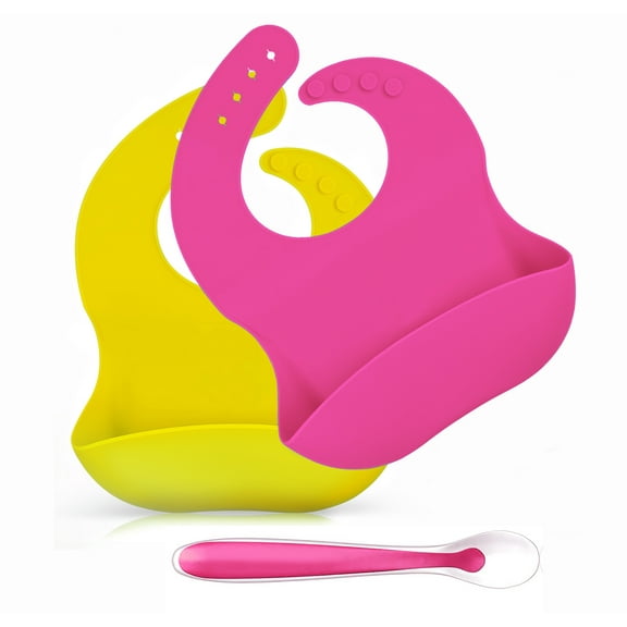Silicone Baby Bibs Easily Wipes Clean, Waterproof Bib with Feeding Spoon, Adjustable Food Catcher Bib for Babies and Toddlers, Set of 2 - Pink and Yellow