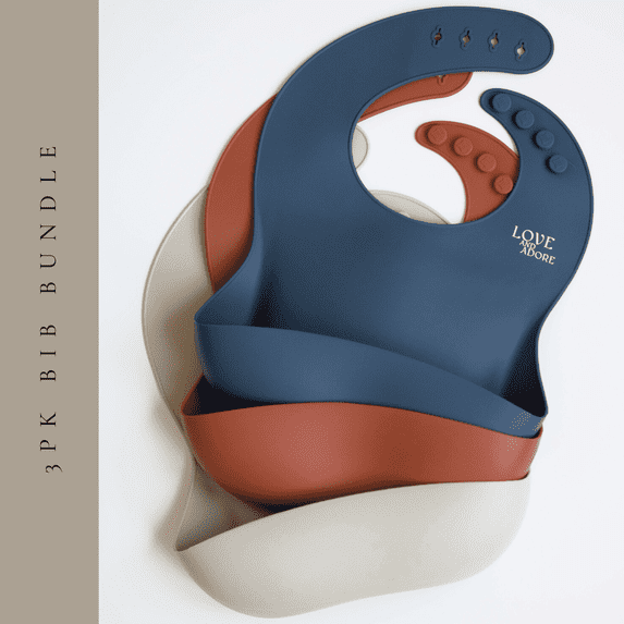 Silicone Baby Bibs- Waterproof Adjustable Comfortable Bibs | Set of 3 Colors (Blue/Concrete/Clay)