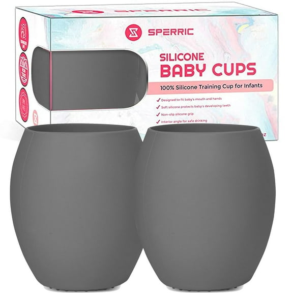 Silicone Baby Cup - Toddler Training Cup - Open Cup for Baby Led Weaning 2 Pack of No Spill Sippy Baby Cups - Soft & Gentle on Gums BPA Free Silicone Baby Cups (Gray)