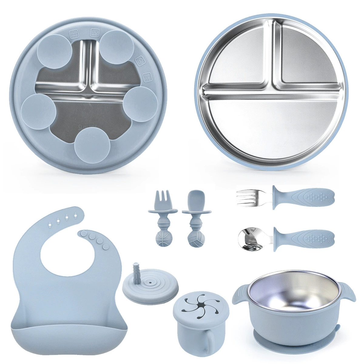 Silicone Baby Feeding Set, 10 Piece Baby Led Weaning Utensils Set, Baby Plates and Bowl Set, Baby Spoon and Fork, Sippy Cup with Straw, Baby Feeding Supplies Set （baby blue)