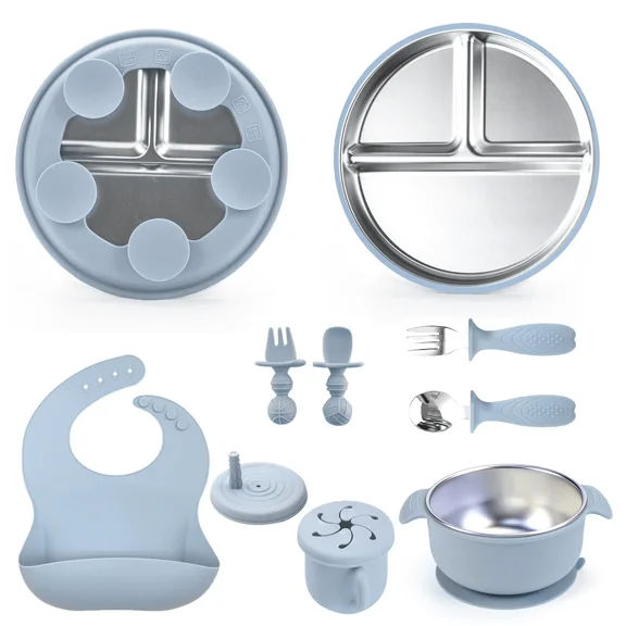 Silicone Baby Feeding Set, 10 Piece Baby Led Weaning Utensils Set, Baby Plates and Bowl Set, Baby Spoon and Fork, Sippy Cup with Straw, Baby Feeding Supplies Set （baby blue)