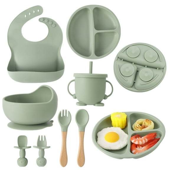 Silicone Baby Feeding Set, 8 Piece Baby Led Weaning Utensils Set Includes Suction Bowl and Plate, Baby Spoon and Fork, Sippy Cup with Straw, Baby Feeding Supplies Set(Army Green)