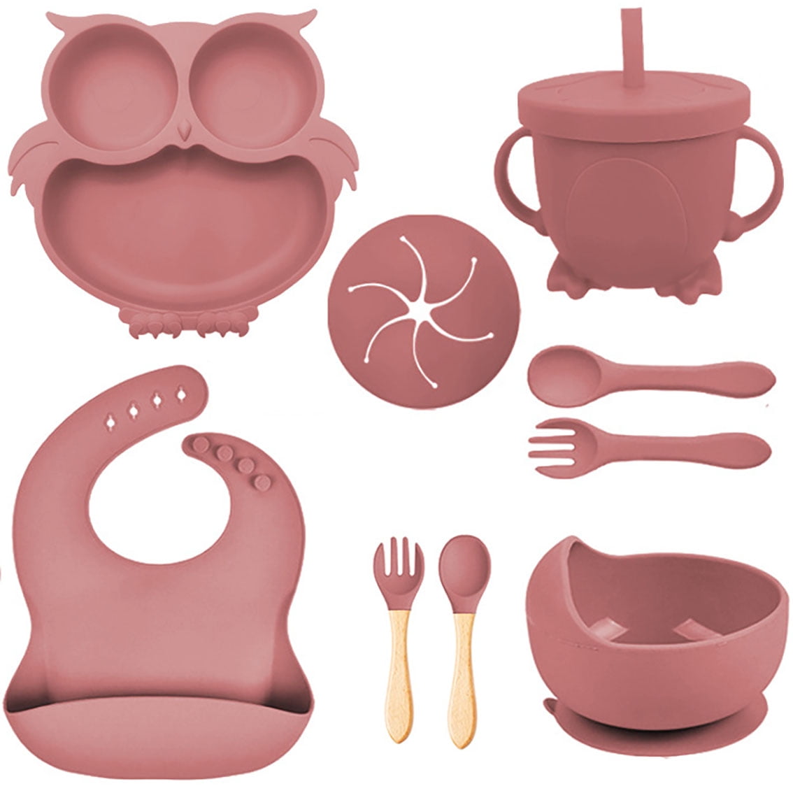 9Pcs Silicone Baby Dinnerware Set, Infant Feeding Supplies, Owl Plates & Bowls, Utensils ...