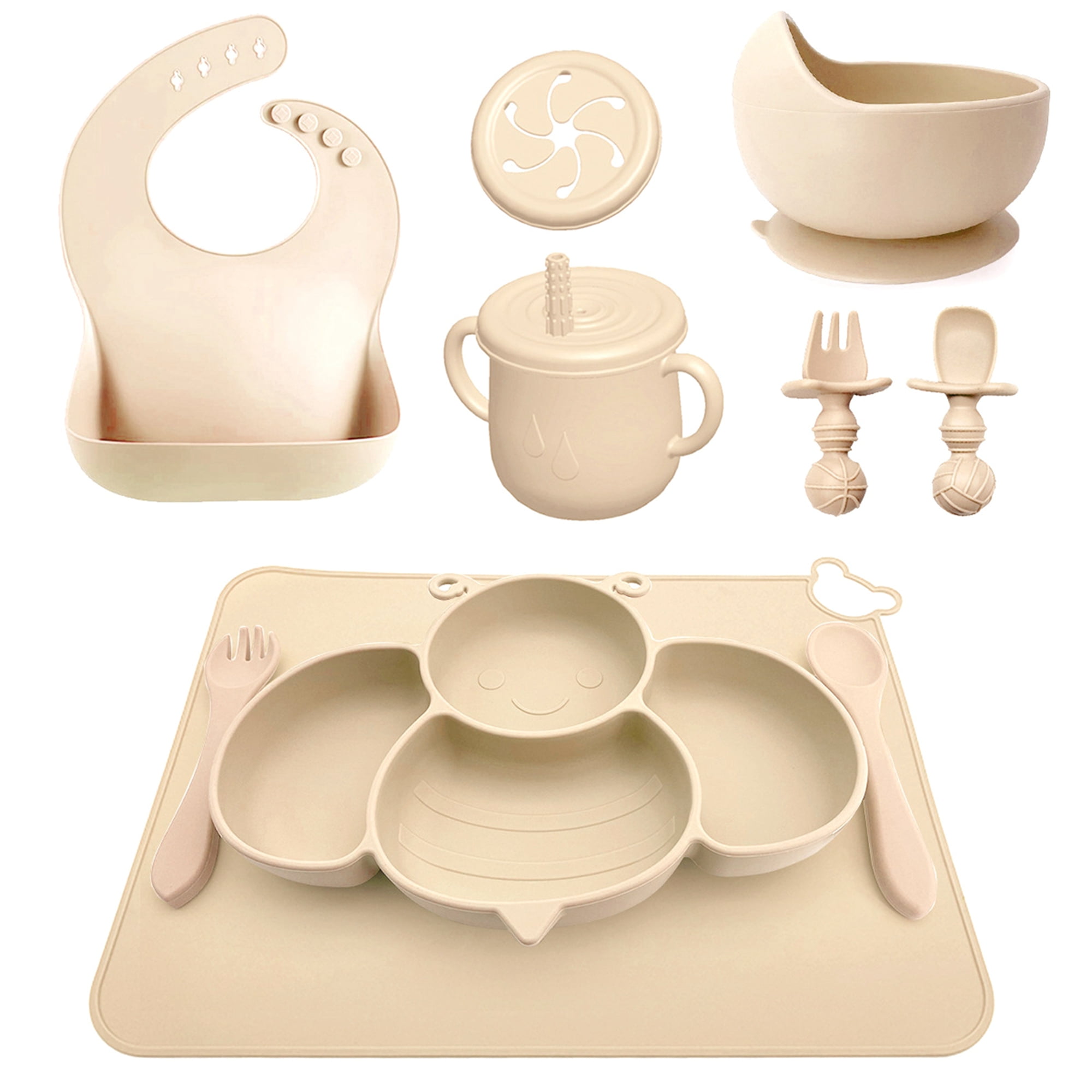Silicone Baby Feeding Set, Baby Led Weaning Set Bee Shaped Plate with Bibs, Spoon and Fork Cup