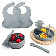 Silicone Baby Feeding Set,Baby Led Weaning Supplies Include Suction Plate & Bowl, Spoon, Fork,Bibs,Sippy Cup, 7-Pcs