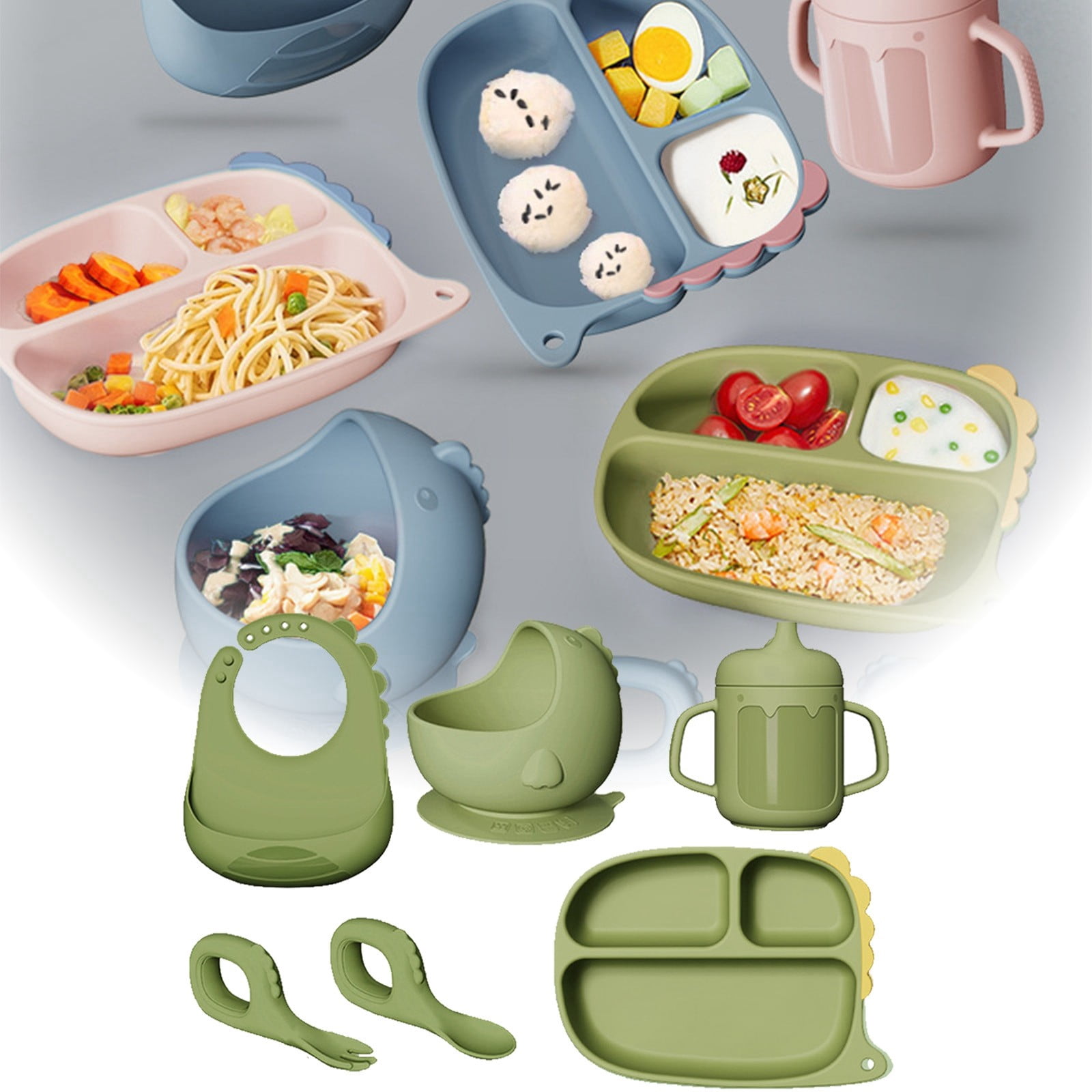 Silicone Baby Feeding Set Baby Led Weaning Supplies With Suction Cup Divider Tray Toddler Self Feeding Tableware Set High-quality