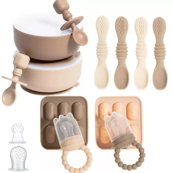 Silicone Baby Feeding Set, Baby Suction Bowls with Lids, 4-Pack Led Weaning Feeding Spoon , and Silicone Baby Fruit Feeders, Freezer & Dishwasher Safe