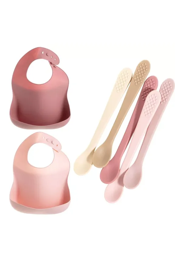 Silicone Baby Feeding Set, Silicone Soft Durable, Easy-to-Clean Feeding Bib & Spoons for Babies and Toddlers, Pink