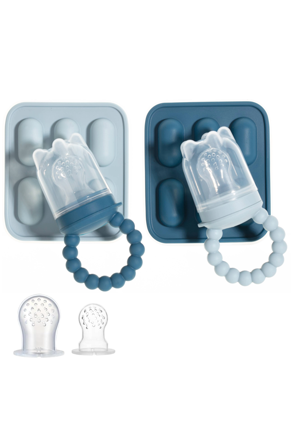 Silicone Baby Fruit Feeders with Freezer Tray for Batch Prep, Set of 2 Safe & Convenient Includes Extra Pouches & Travel Lids, Dishwasher Safe, Blue
